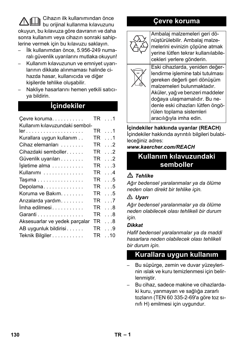 Türkçe, Içindekiler, Çevre koruma | Karcher NT 45-1 Tact Te H User Manual | Page 130 / 292