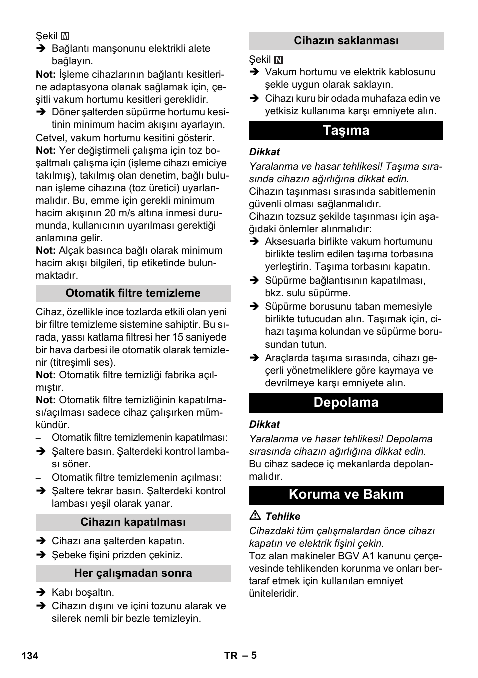 Taşıma depolama koruma ve bakım | Karcher NT 45-1 Tact Te H User Manual | Page 134 / 292