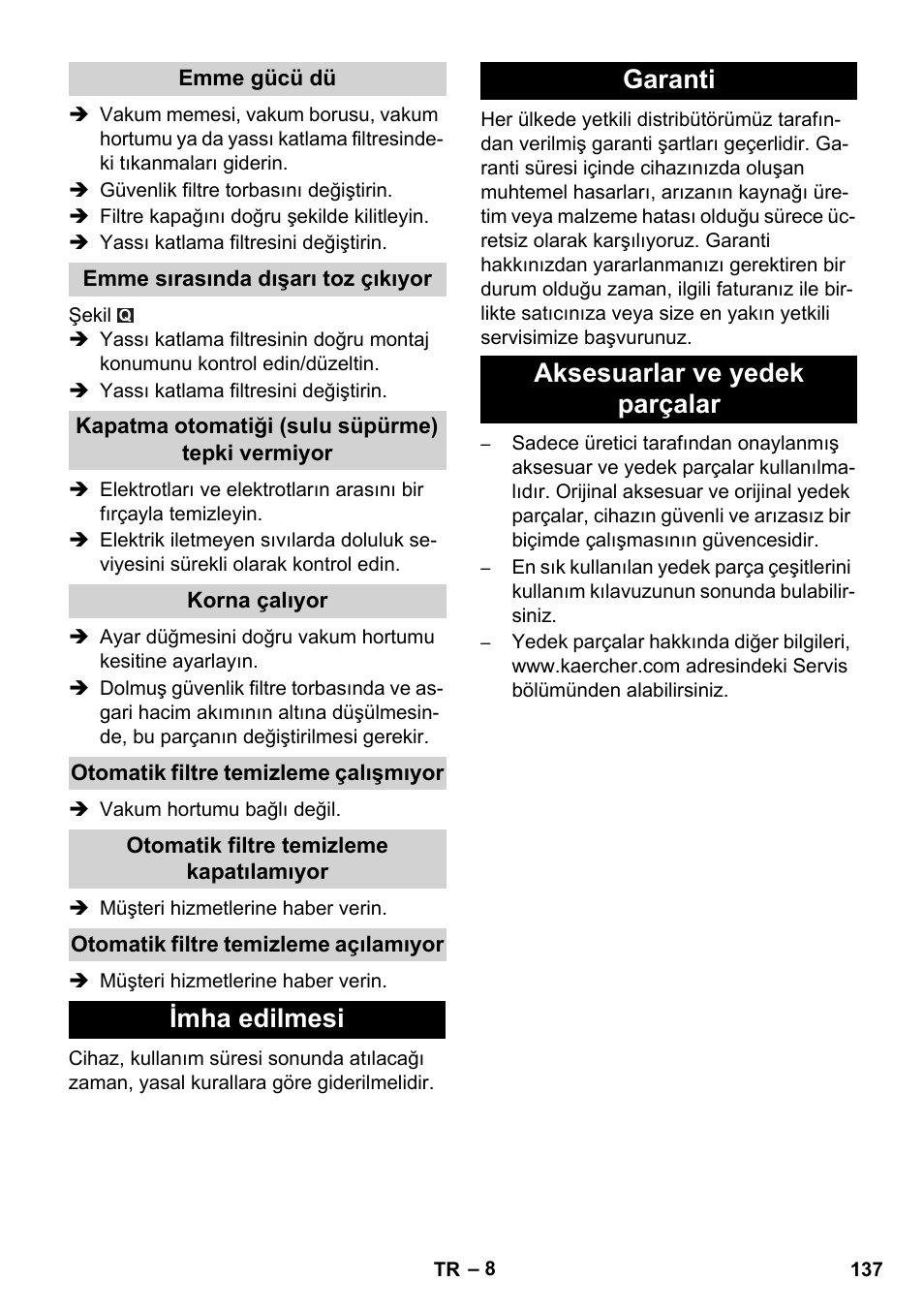 Imha edilmesi, Garanti aksesuarlar ve yedek parçalar | Karcher NT 45-1 Tact Te H User Manual | Page 137 / 292