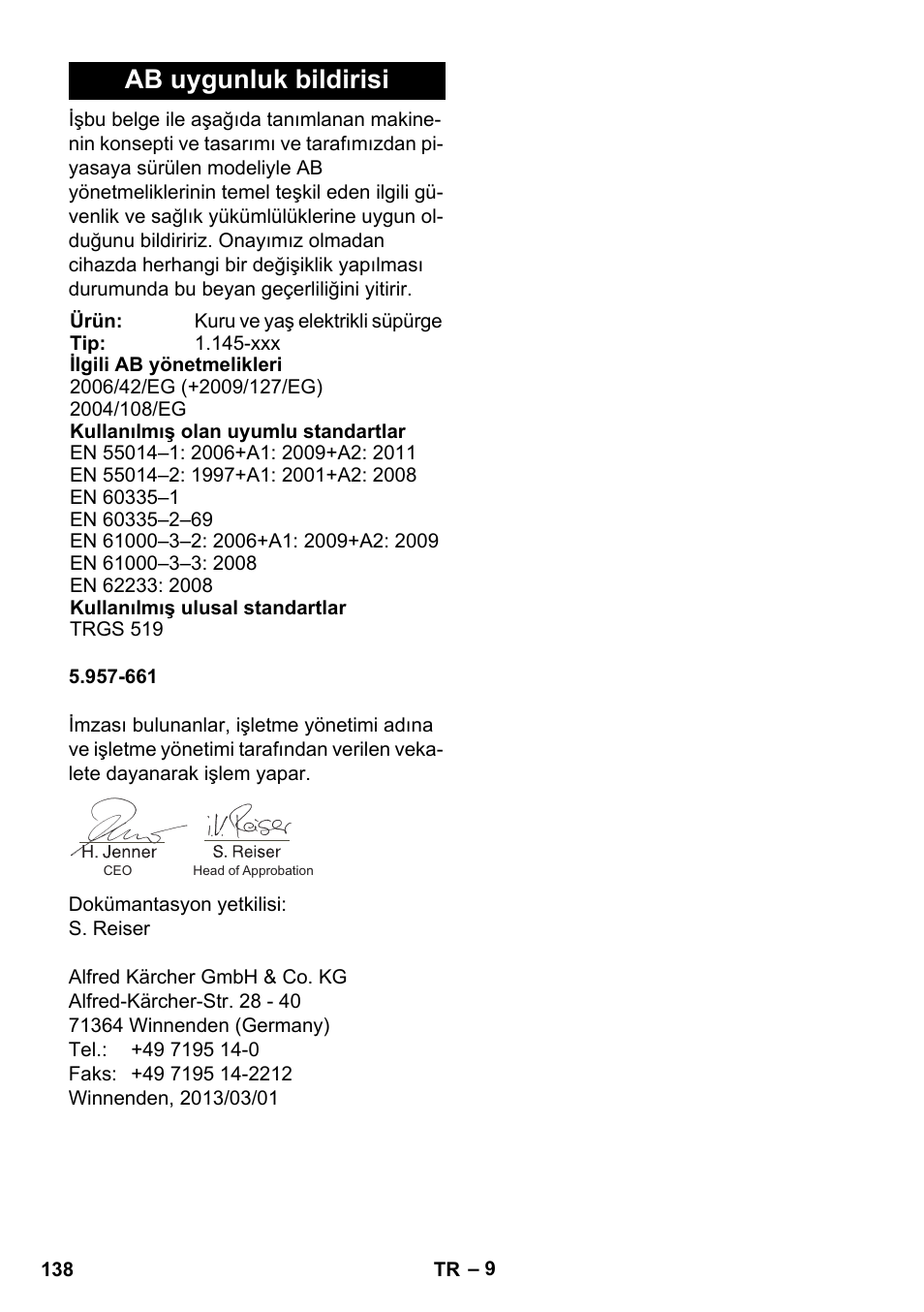 Ab uygunluk bildirisi | Karcher NT 45-1 Tact Te H User Manual | Page 138 / 292