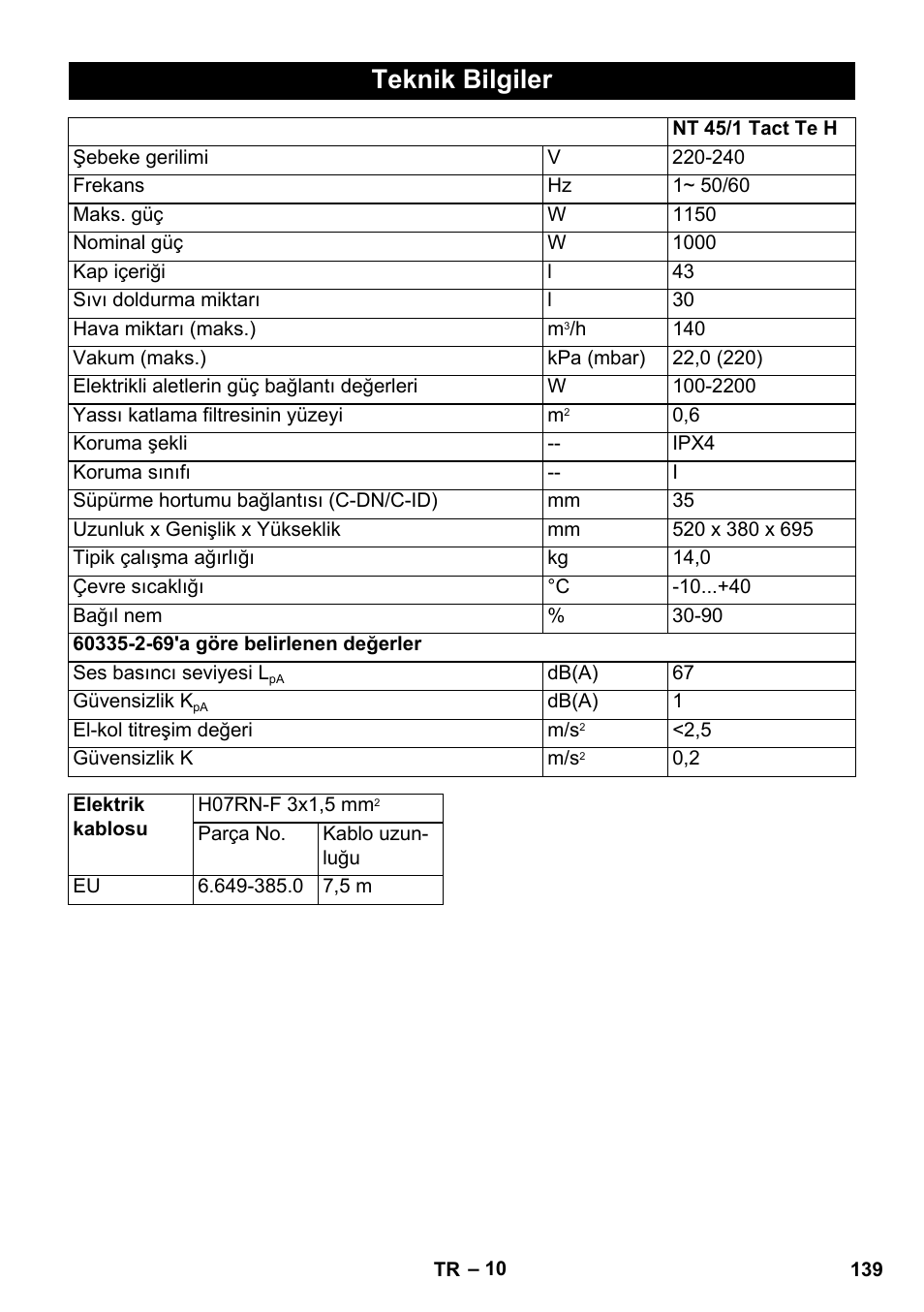 Teknik bilgiler | Karcher NT 45-1 Tact Te H User Manual | Page 139 / 292