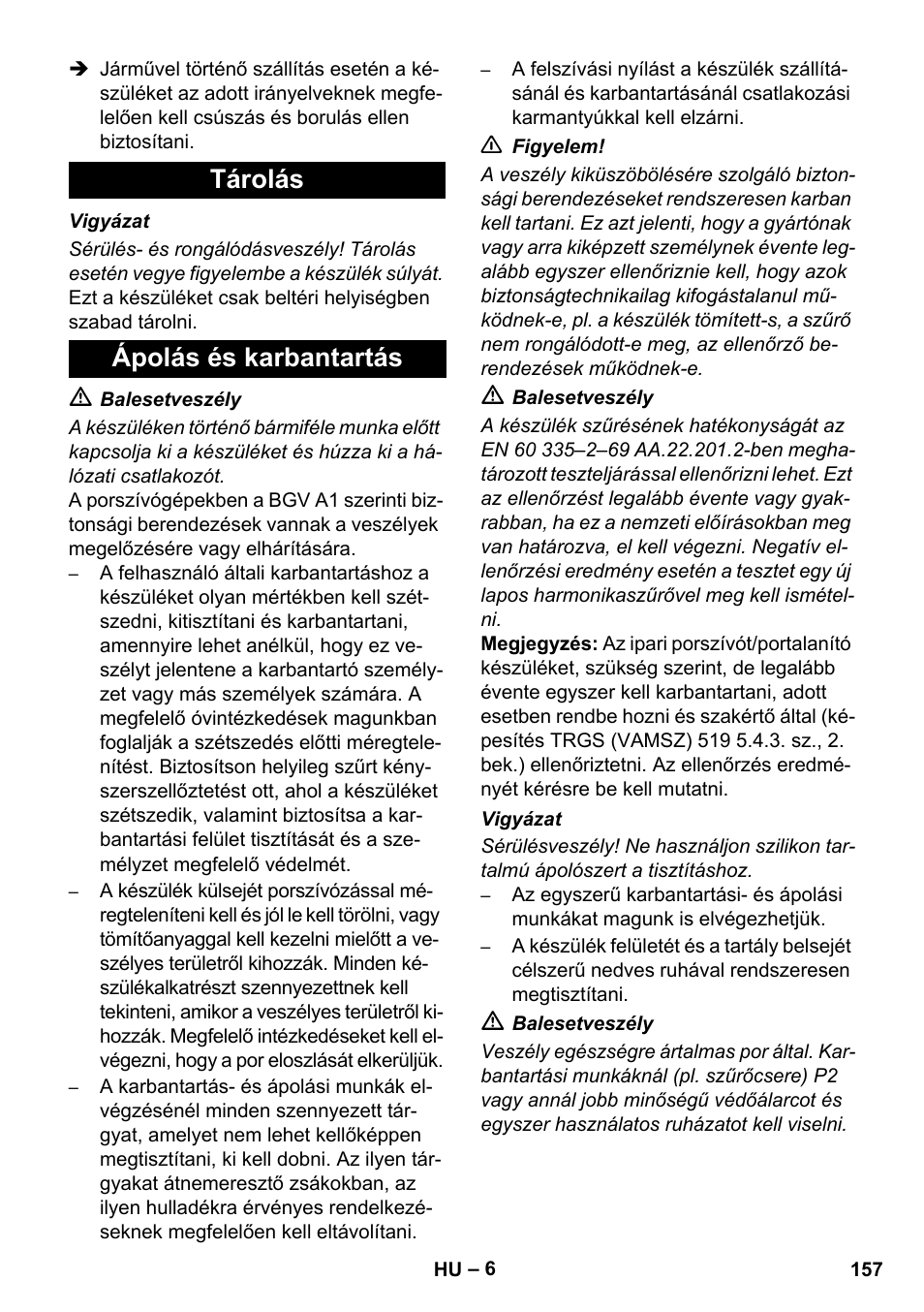 Tárolás ápolás és karbantartás | Karcher NT 45-1 Tact Te H User Manual | Page 157 / 292