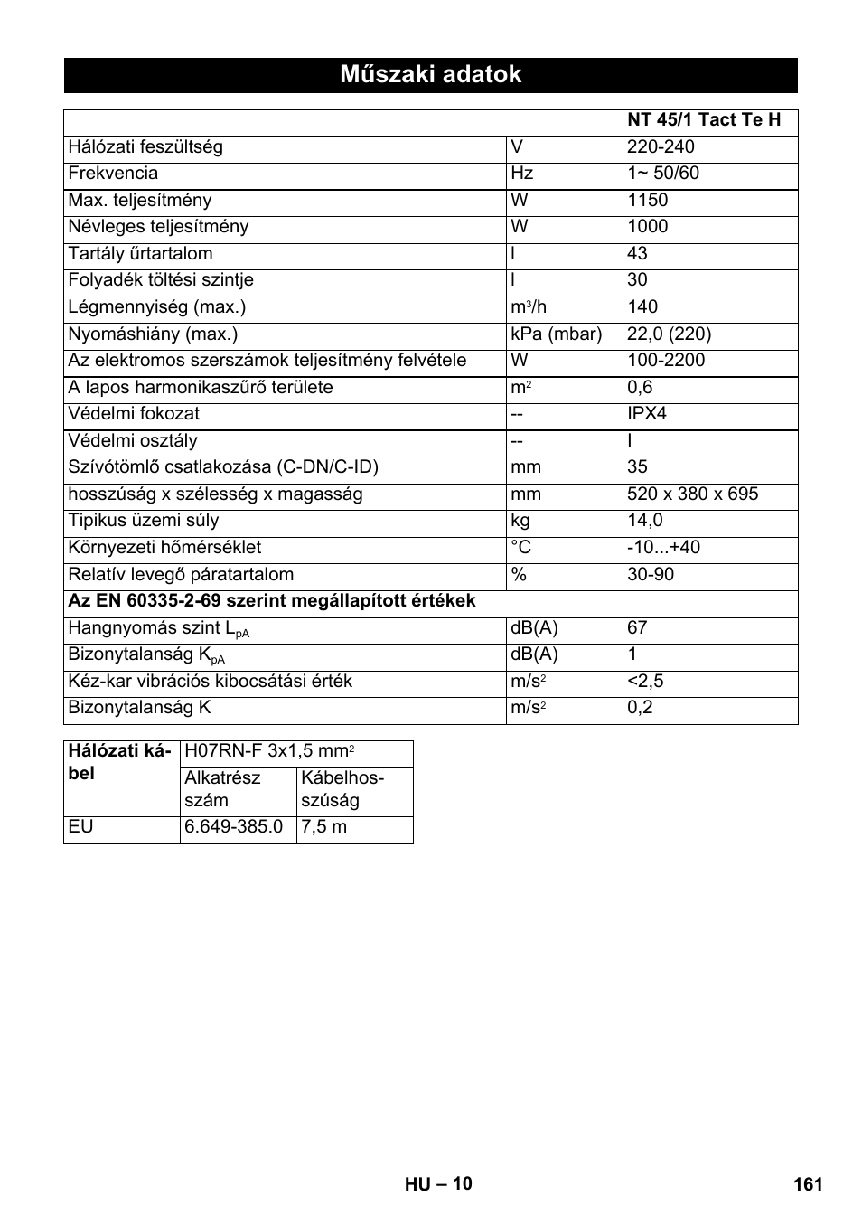 Műszaki adatok | Karcher NT 45-1 Tact Te H User Manual | Page 161 / 292
