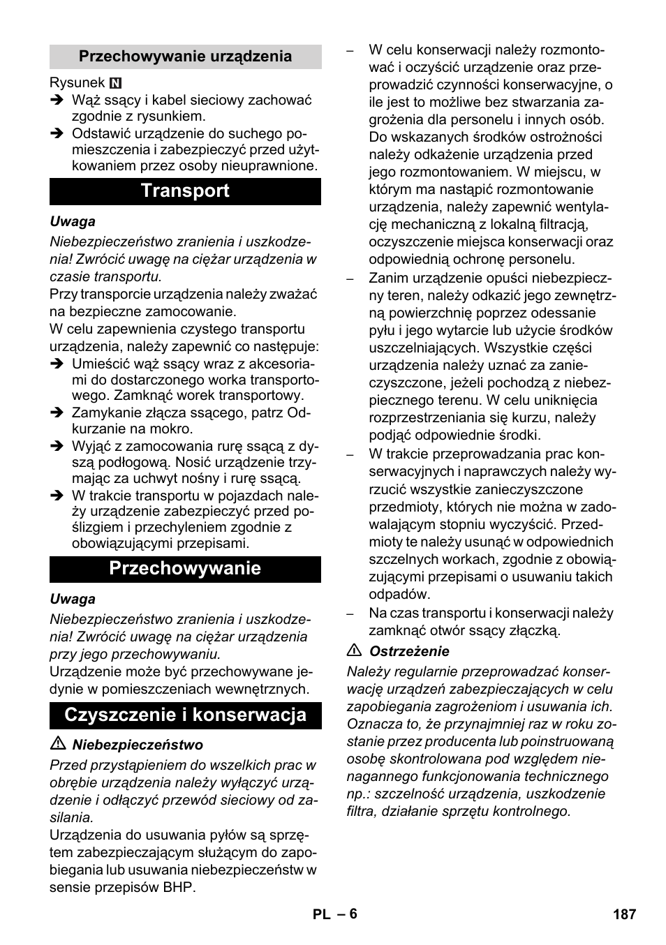 Transport przechowywanie czyszczenie i konserwacja | Karcher NT 45-1 Tact Te H User Manual | Page 187 / 292