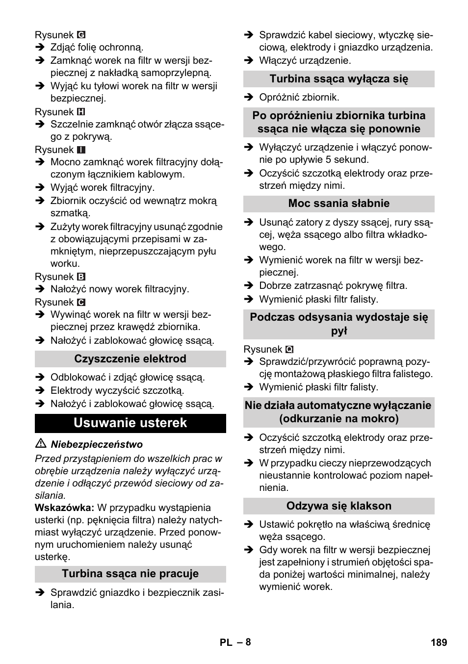 Usuwanie usterek | Karcher NT 45-1 Tact Te H User Manual | Page 189 / 292