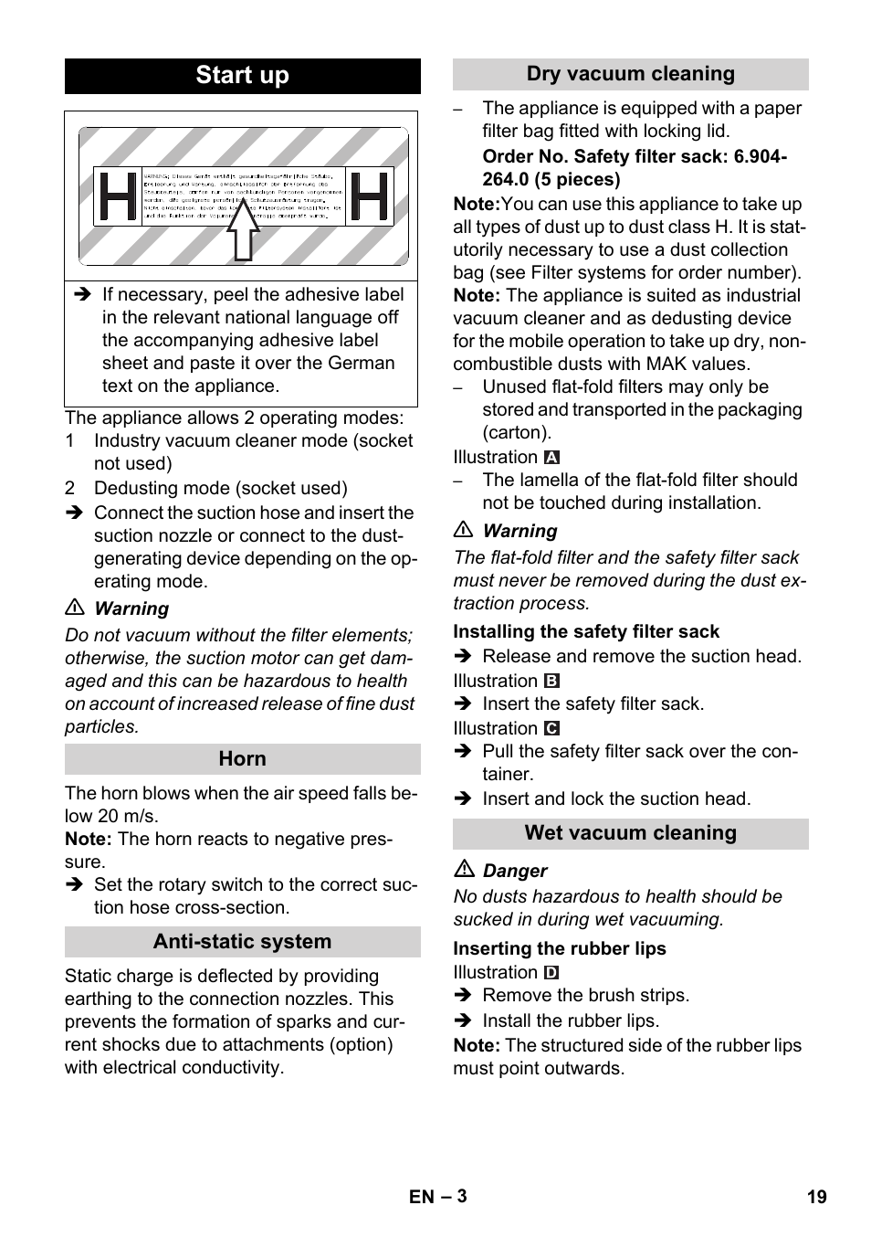 Start up | Karcher NT 45-1 Tact Te H User Manual | Page 19 / 292