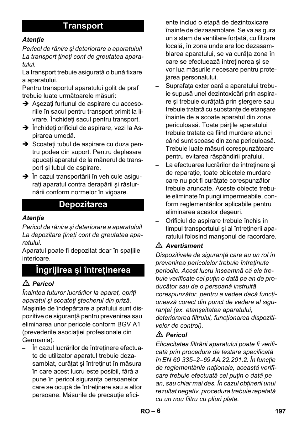 Transport depozitarea îngrijirea şi întreţinerea | Karcher NT 45-1 Tact Te H User Manual | Page 197 / 292