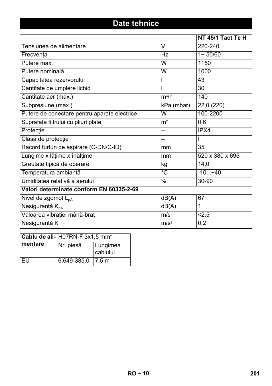 Date tehnice | Karcher NT 45-1 Tact Te H User Manual | Page 201 / 292