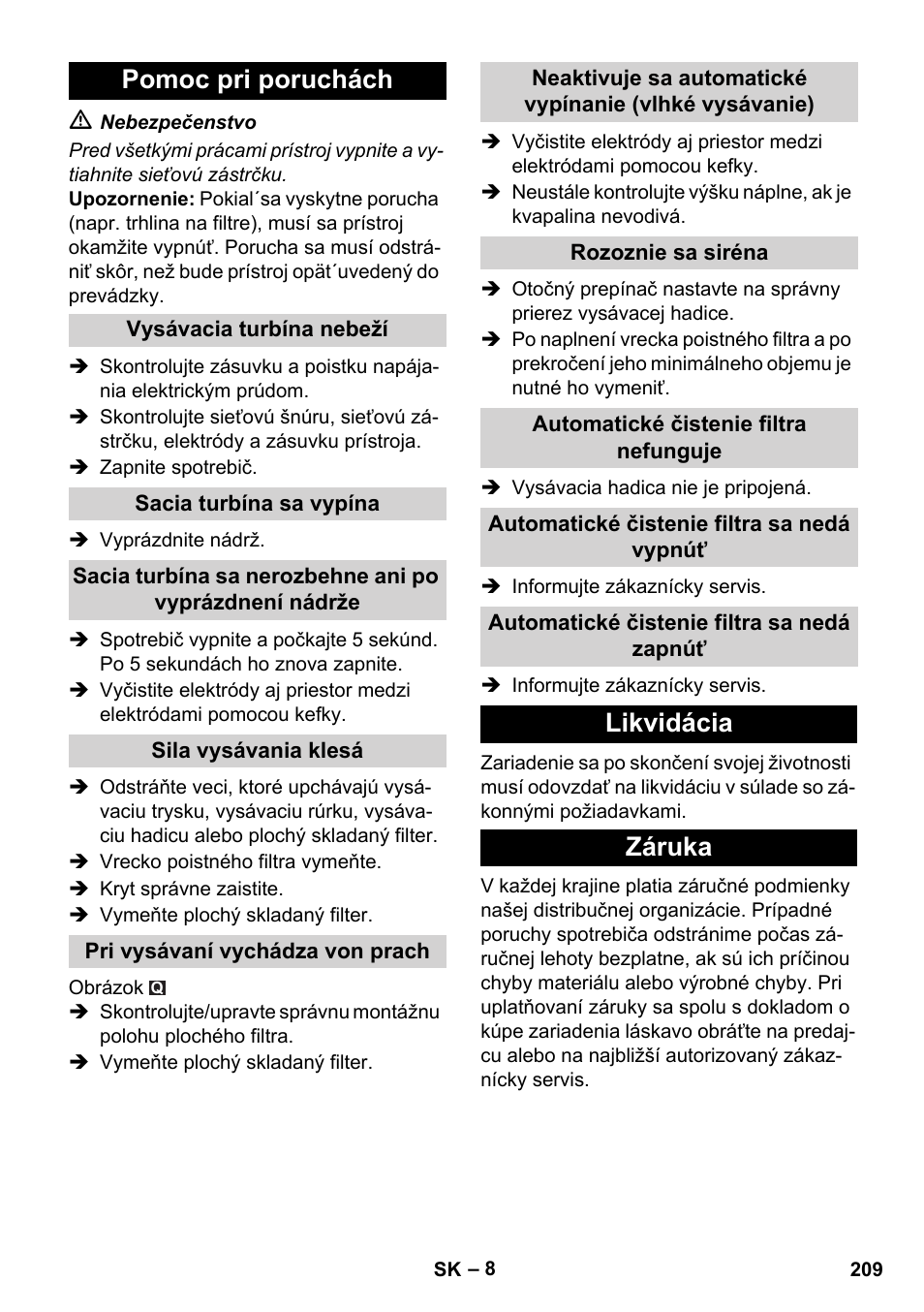 Pomoc pri poruchách, Likvidácia záruka | Karcher NT 45-1 Tact Te H User Manual | Page 209 / 292