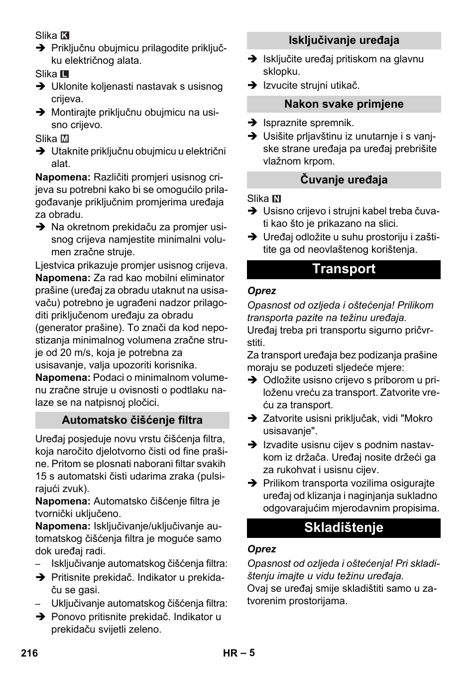 Transport skladištenje | Karcher NT 45-1 Tact Te H User Manual | Page 216 / 292