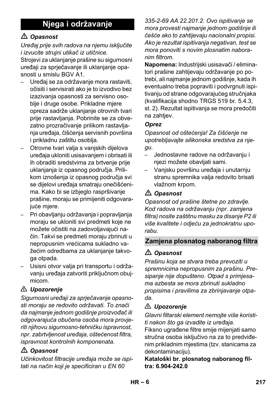 Njega i održavanje | Karcher NT 45-1 Tact Te H User Manual | Page 217 / 292