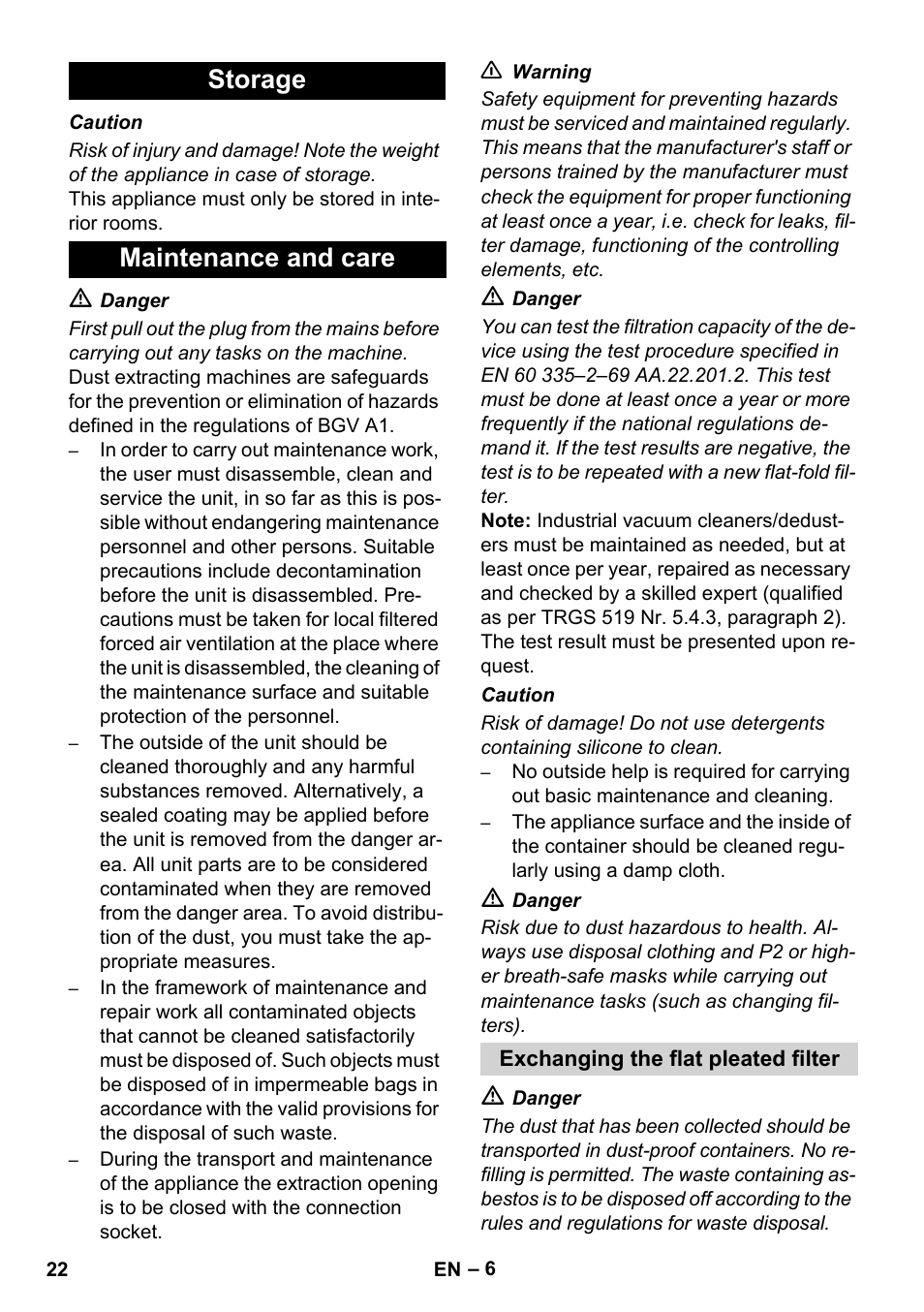 Storage maintenance and care | Karcher NT 45-1 Tact Te H User Manual | Page 22 / 292