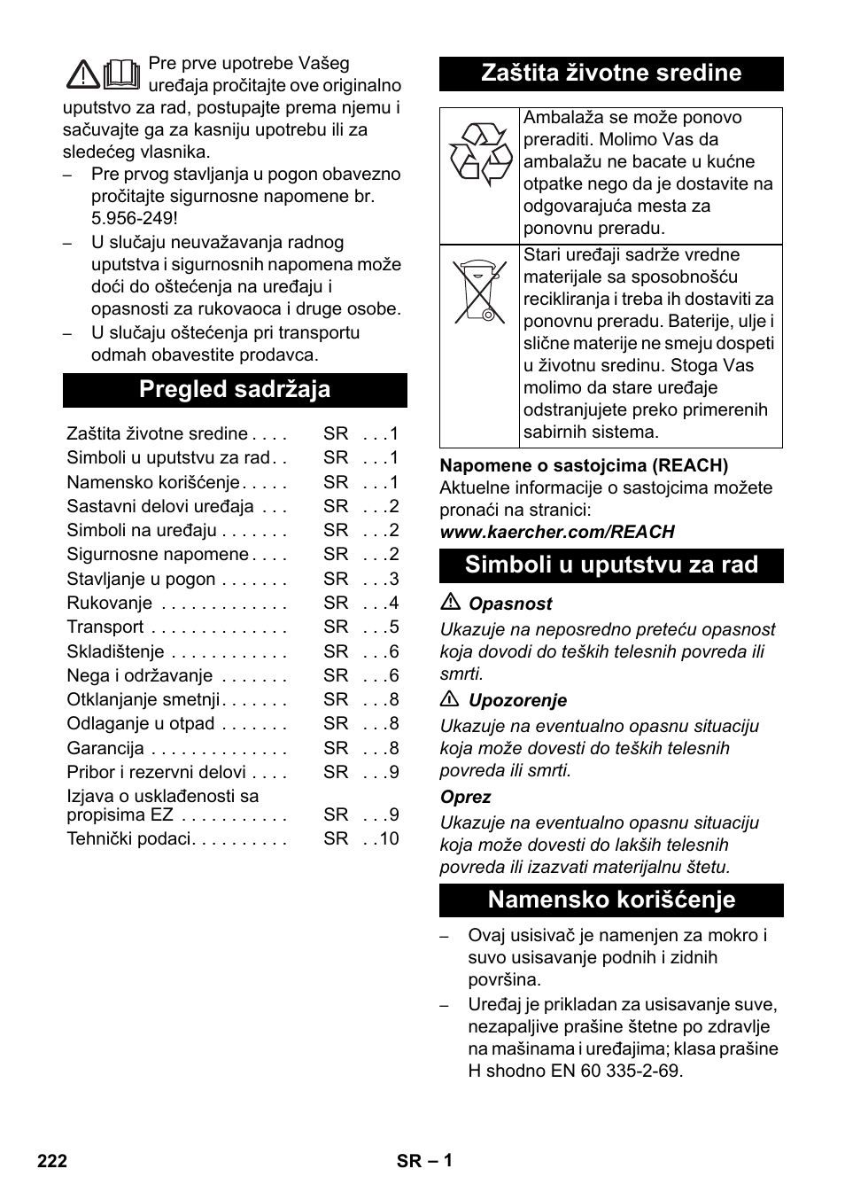 Srpski, Pregled sadržaja, Zaštita životne sredine | Simboli u uputstvu za rad namensko korišćenje | Karcher NT 45-1 Tact Te H User Manual | Page 222 / 292