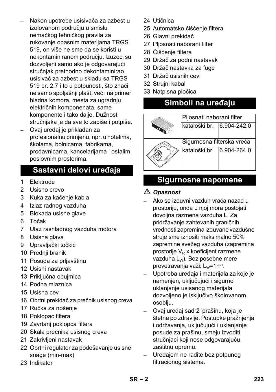 Sastavni delovi uređaja simboli na uređaju, Sigurnosne napomene | Karcher NT 45-1 Tact Te H User Manual | Page 223 / 292