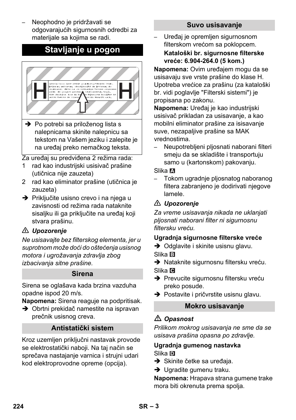 Stavljanje u pogon | Karcher NT 45-1 Tact Te H User Manual | Page 224 / 292