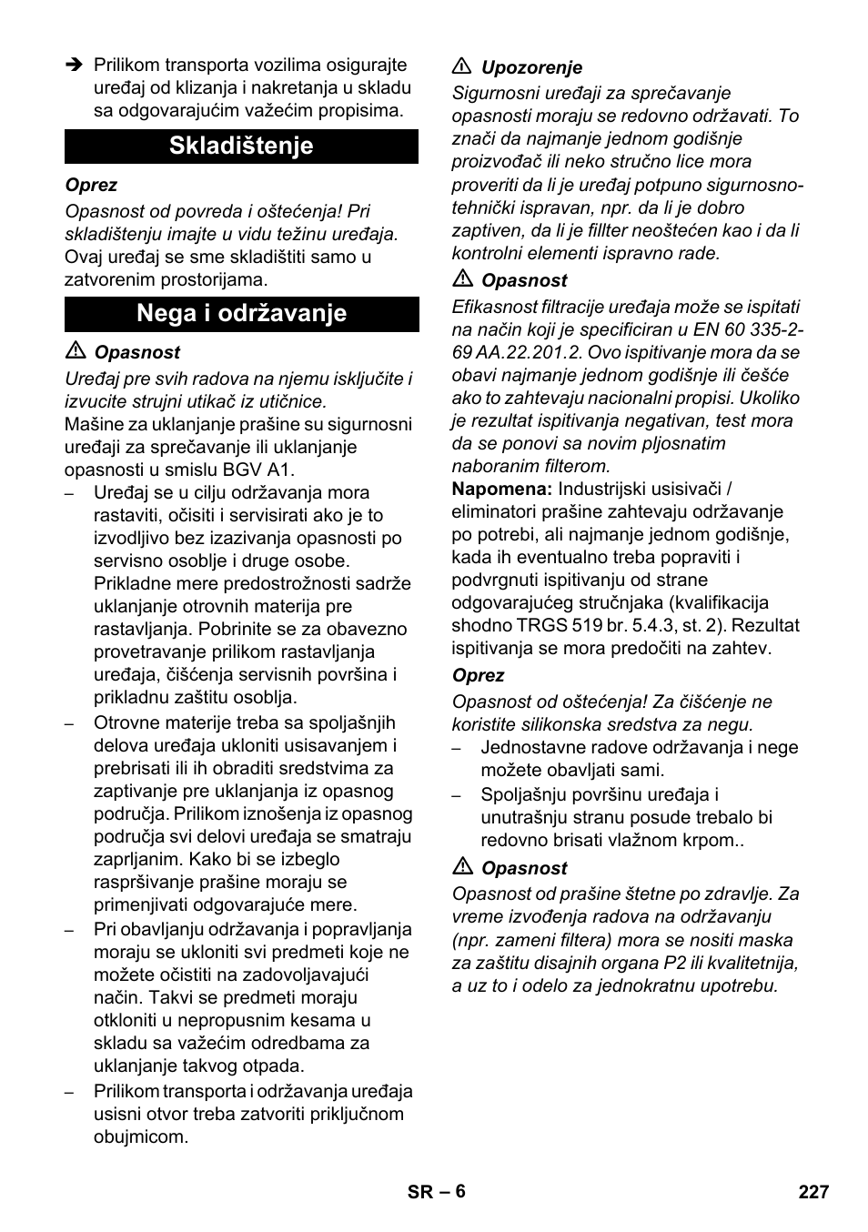 Skladištenje nega i održavanje | Karcher NT 45-1 Tact Te H User Manual | Page 227 / 292