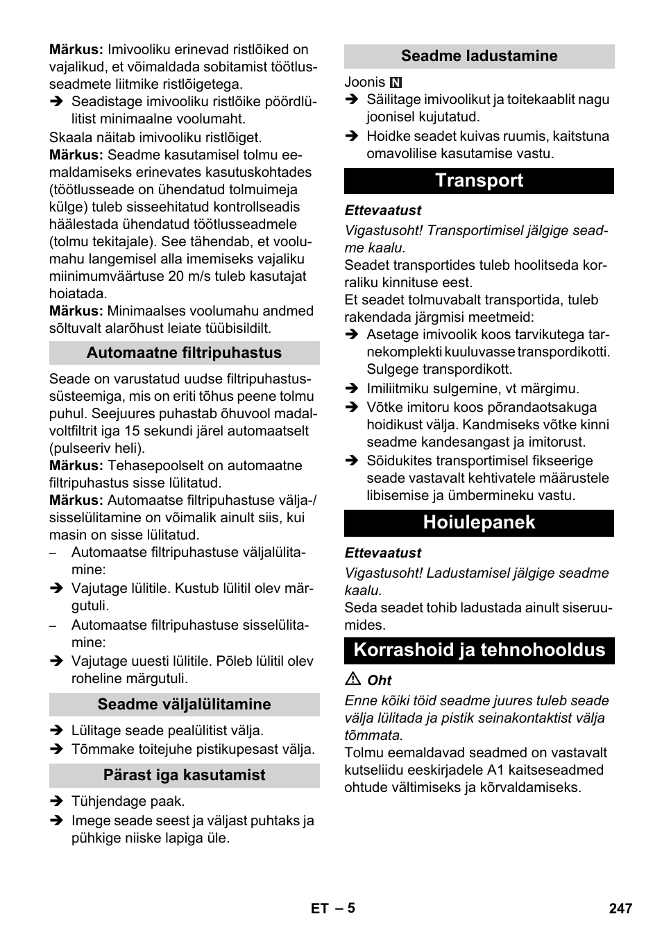 Transport hoiulepanek korrashoid ja tehnohooldus | Karcher NT 45-1 Tact Te H User Manual | Page 247 / 292