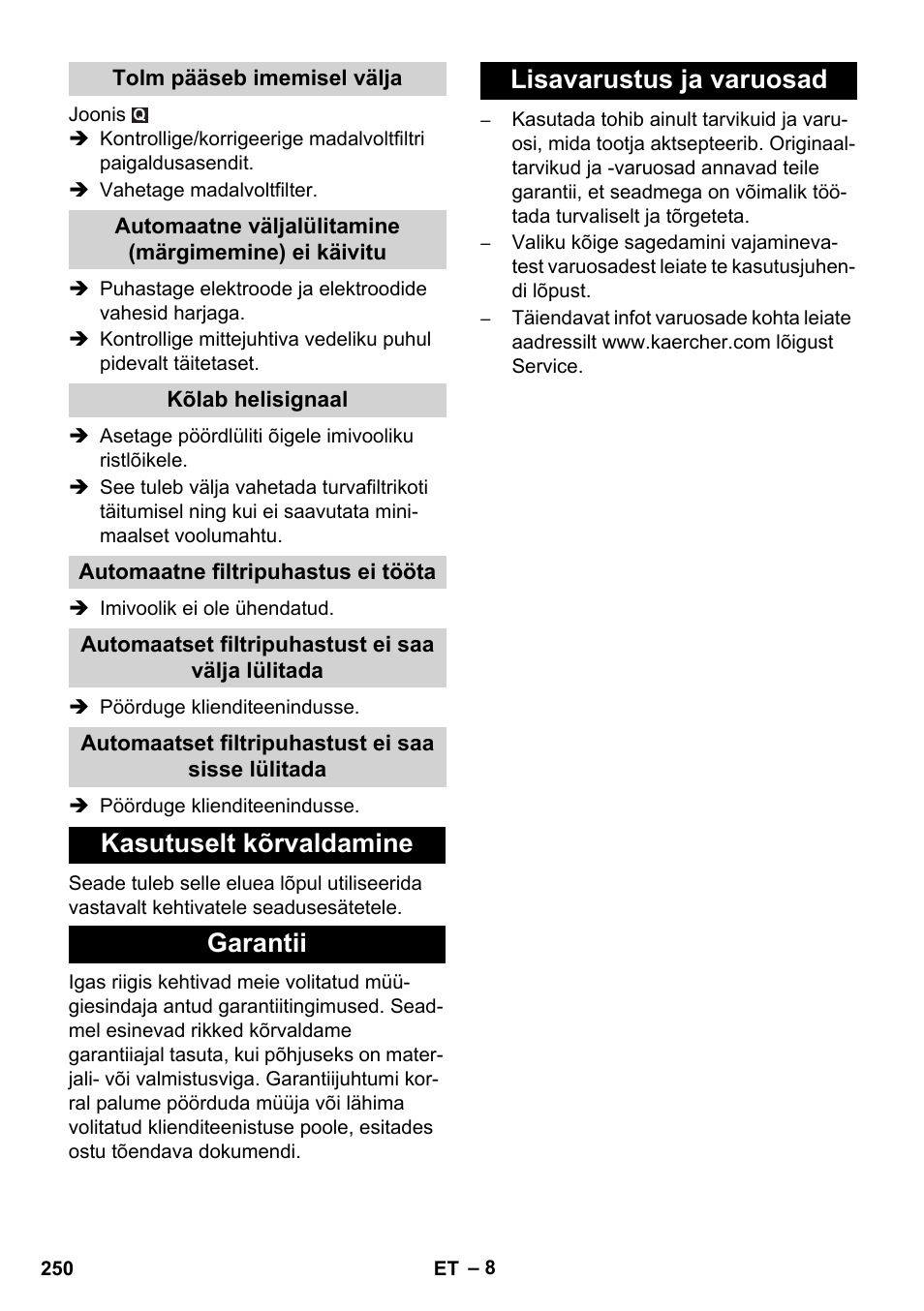 Kasutuselt kõrvaldamine garantii, Lisavarustus ja varuosad | Karcher NT 45-1 Tact Te H User Manual | Page 250 / 292