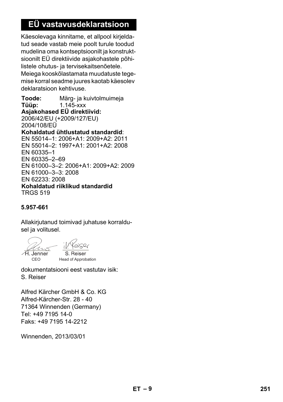 Eü vastavusdeklaratsioon | Karcher NT 45-1 Tact Te H User Manual | Page 251 / 292