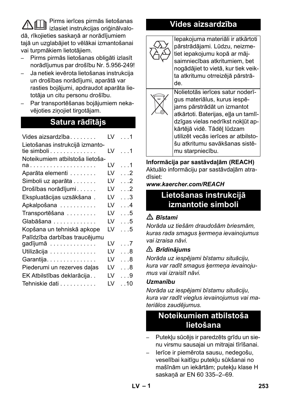 Latviešu, Satura rādītājs, Vides aizsardzība | Karcher NT 45-1 Tact Te H User Manual | Page 253 / 292