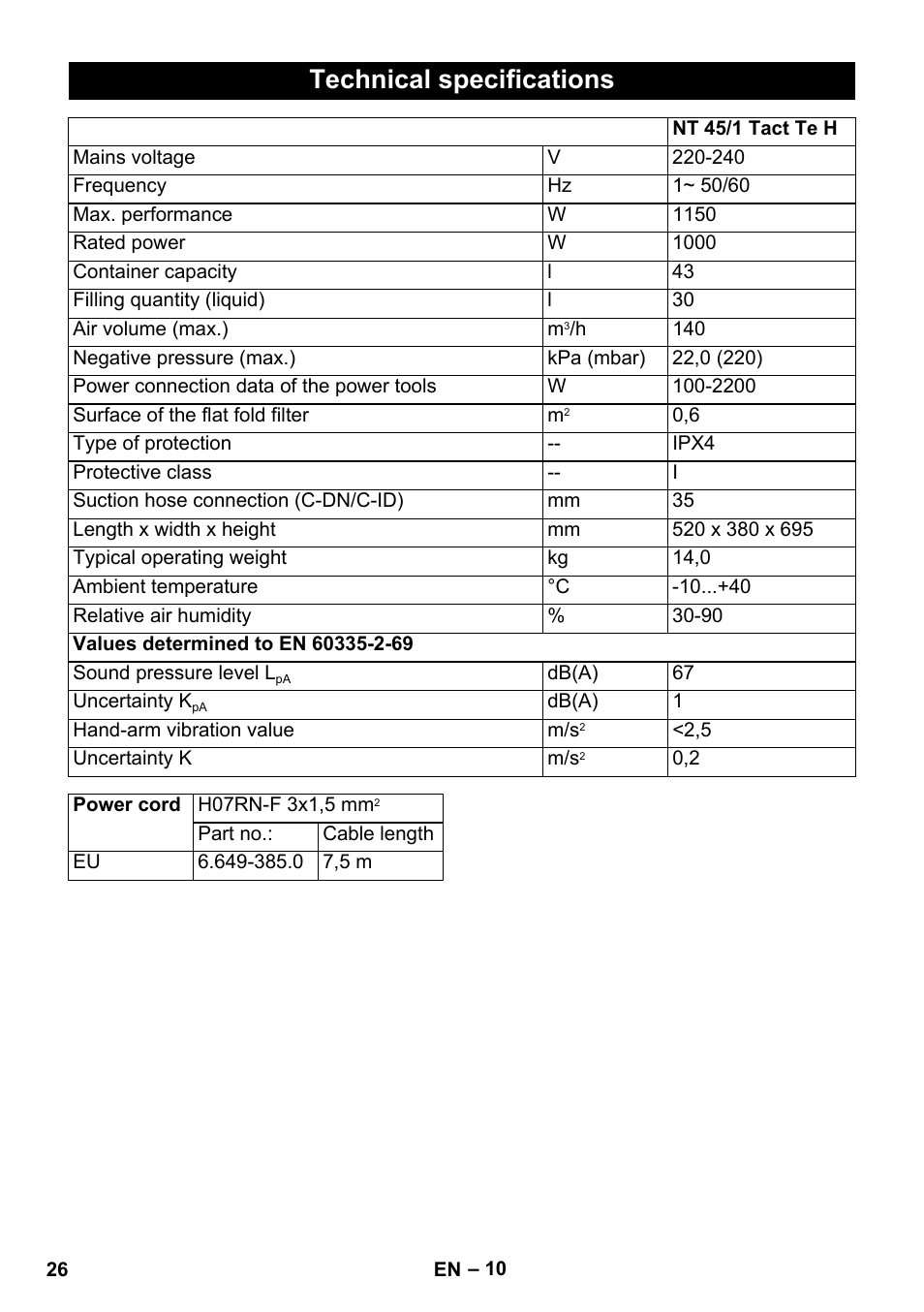 Technical specifications | Karcher NT 45-1 Tact Te H User Manual | Page 26 / 292