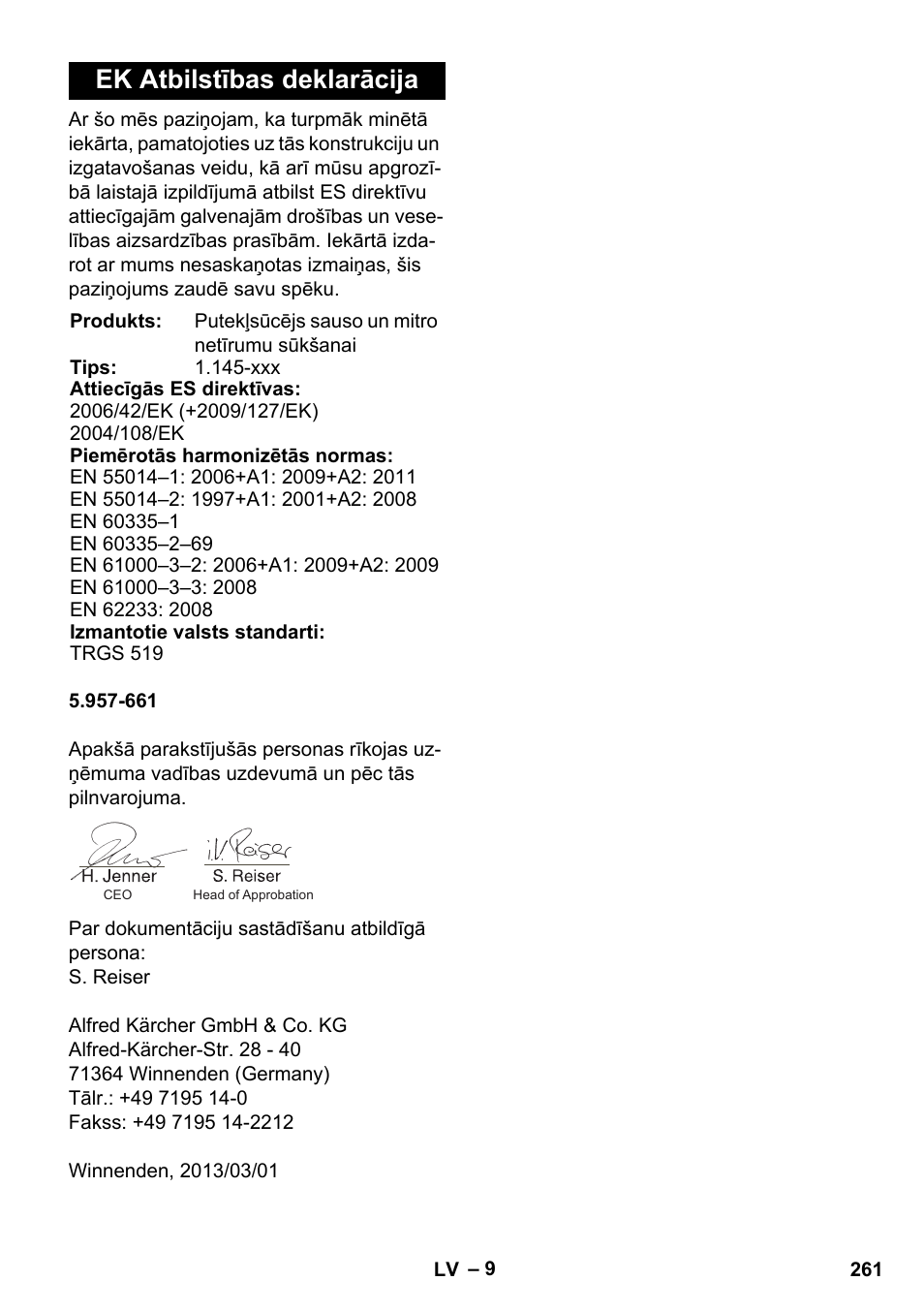 Ek atbilstības deklarācija | Karcher NT 45-1 Tact Te H User Manual | Page 261 / 292