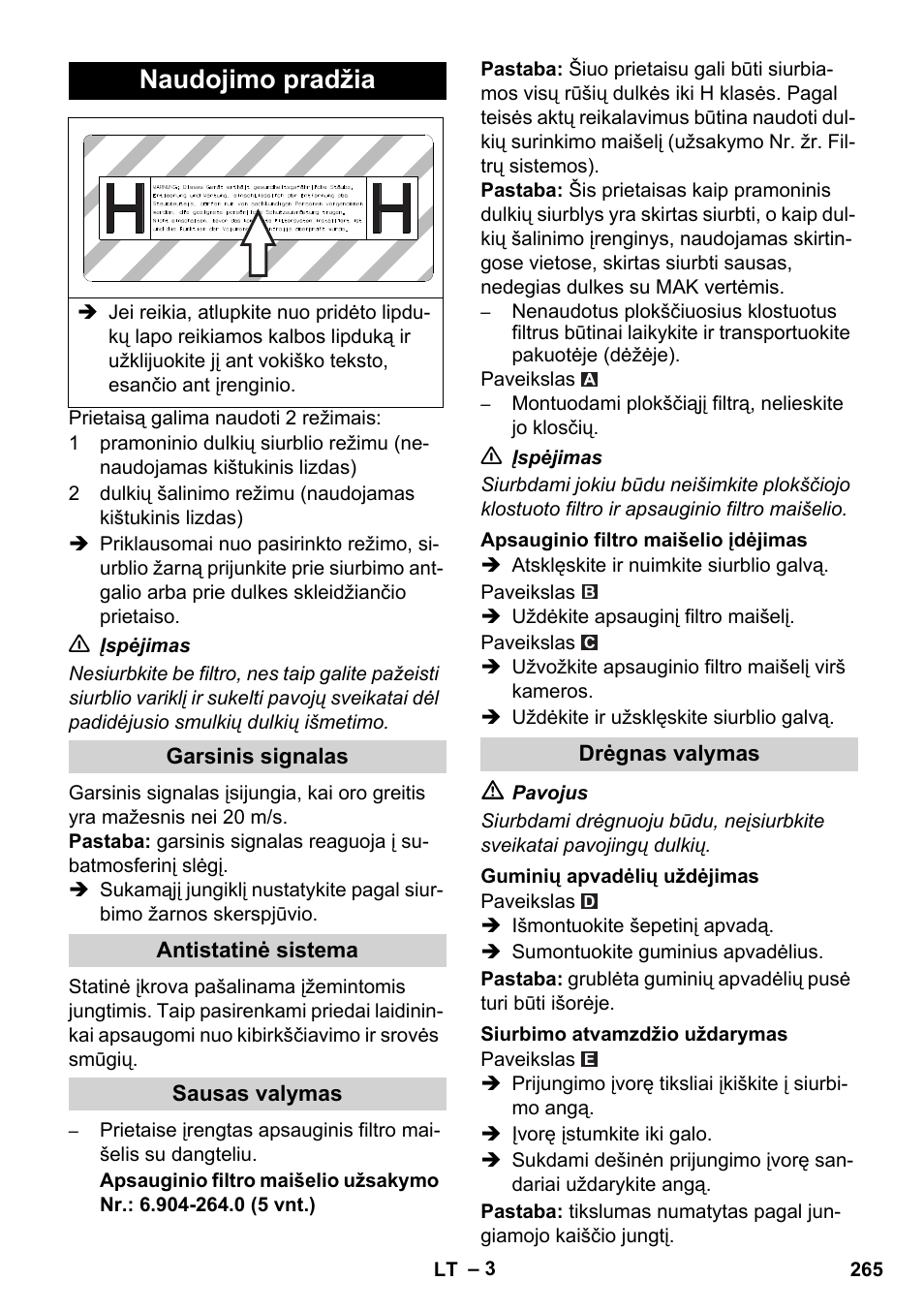 Naudojimo pradžia | Karcher NT 45-1 Tact Te H User Manual | Page 265 / 292