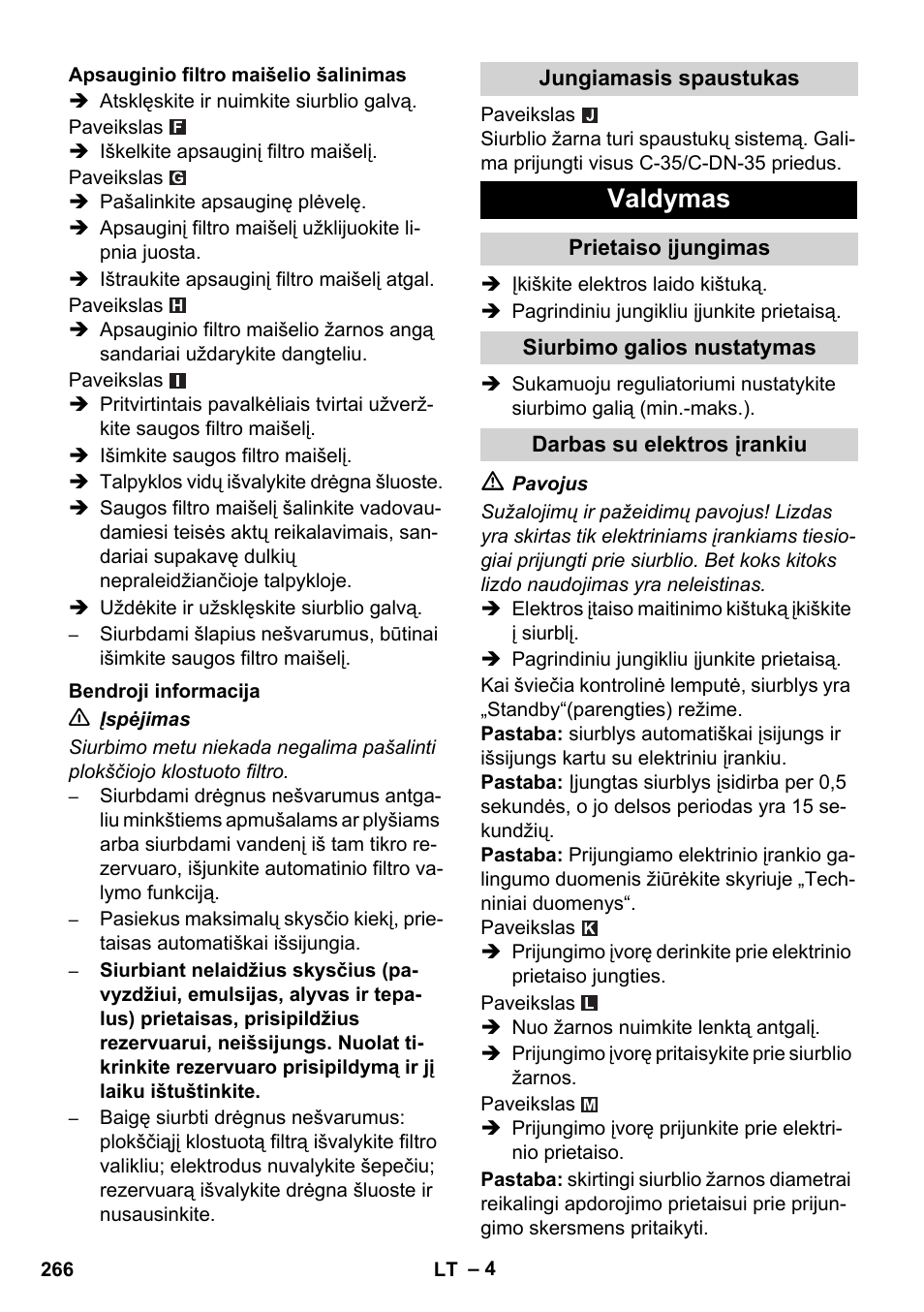 Valdymas | Karcher NT 45-1 Tact Te H User Manual | Page 266 / 292