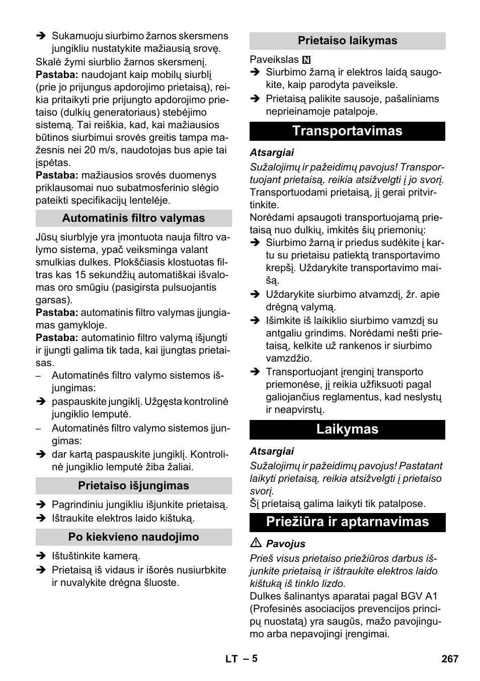 Transportavimas laikymas priežiūra ir aptarnavimas | Karcher NT 45-1 Tact Te H User Manual | Page 267 / 292