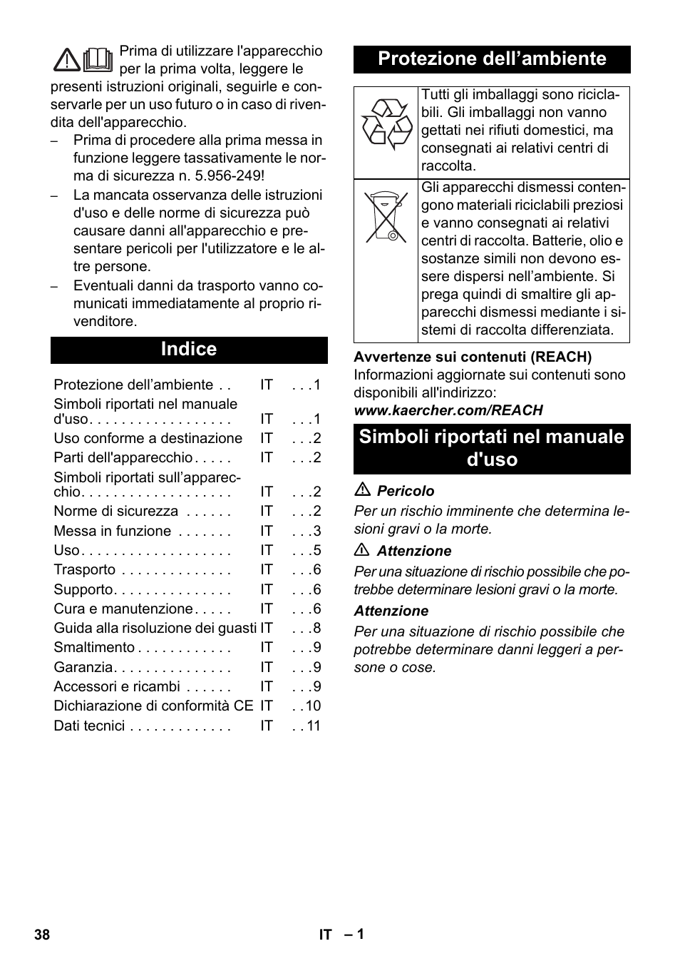 Italiano, Indice, Protezione dell’ambiente | Simboli riportati nel manuale d'uso | Karcher NT 45-1 Tact Te H User Manual | Page 38 / 292