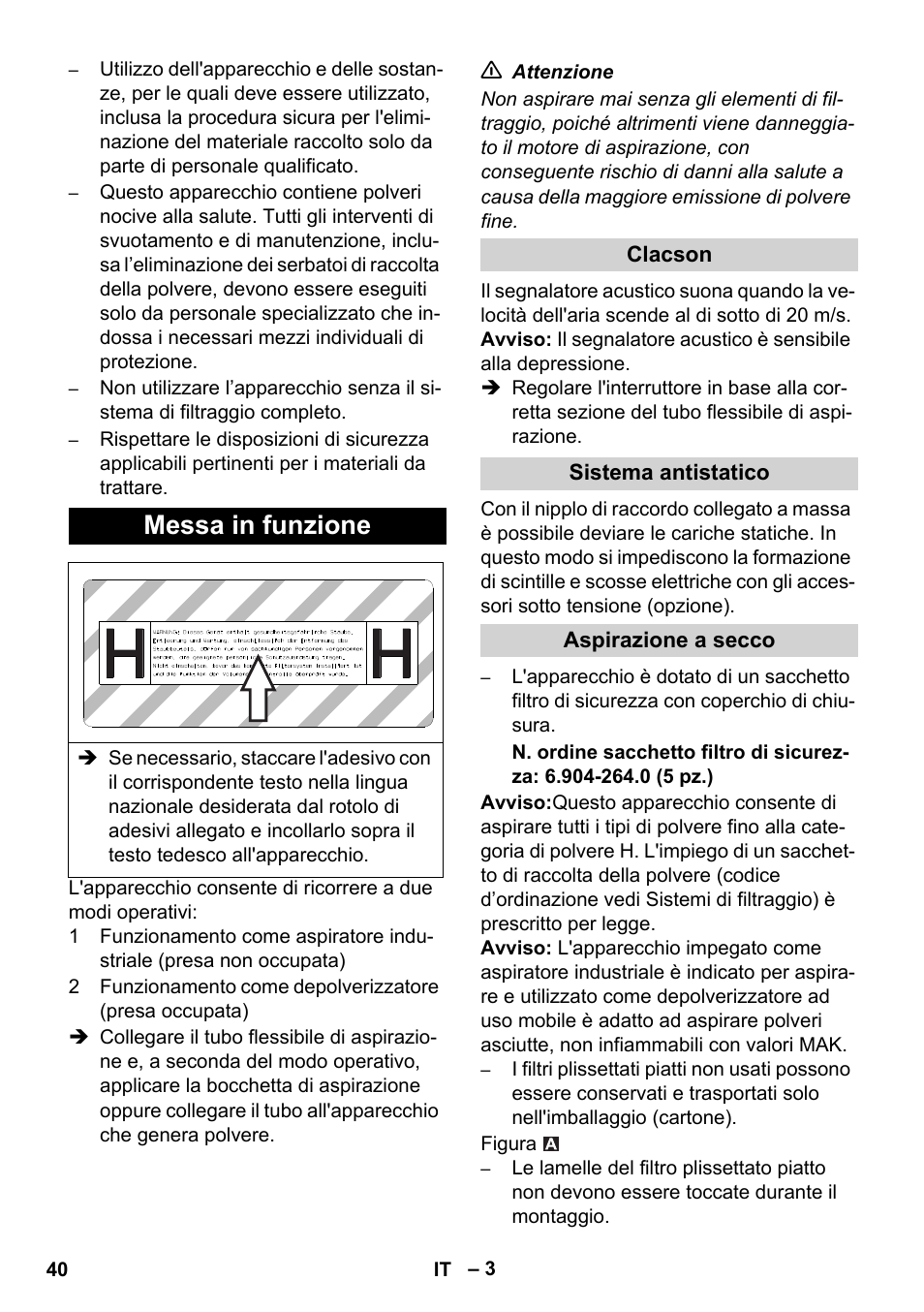 Messa in funzione | Karcher NT 45-1 Tact Te H User Manual | Page 40 / 292