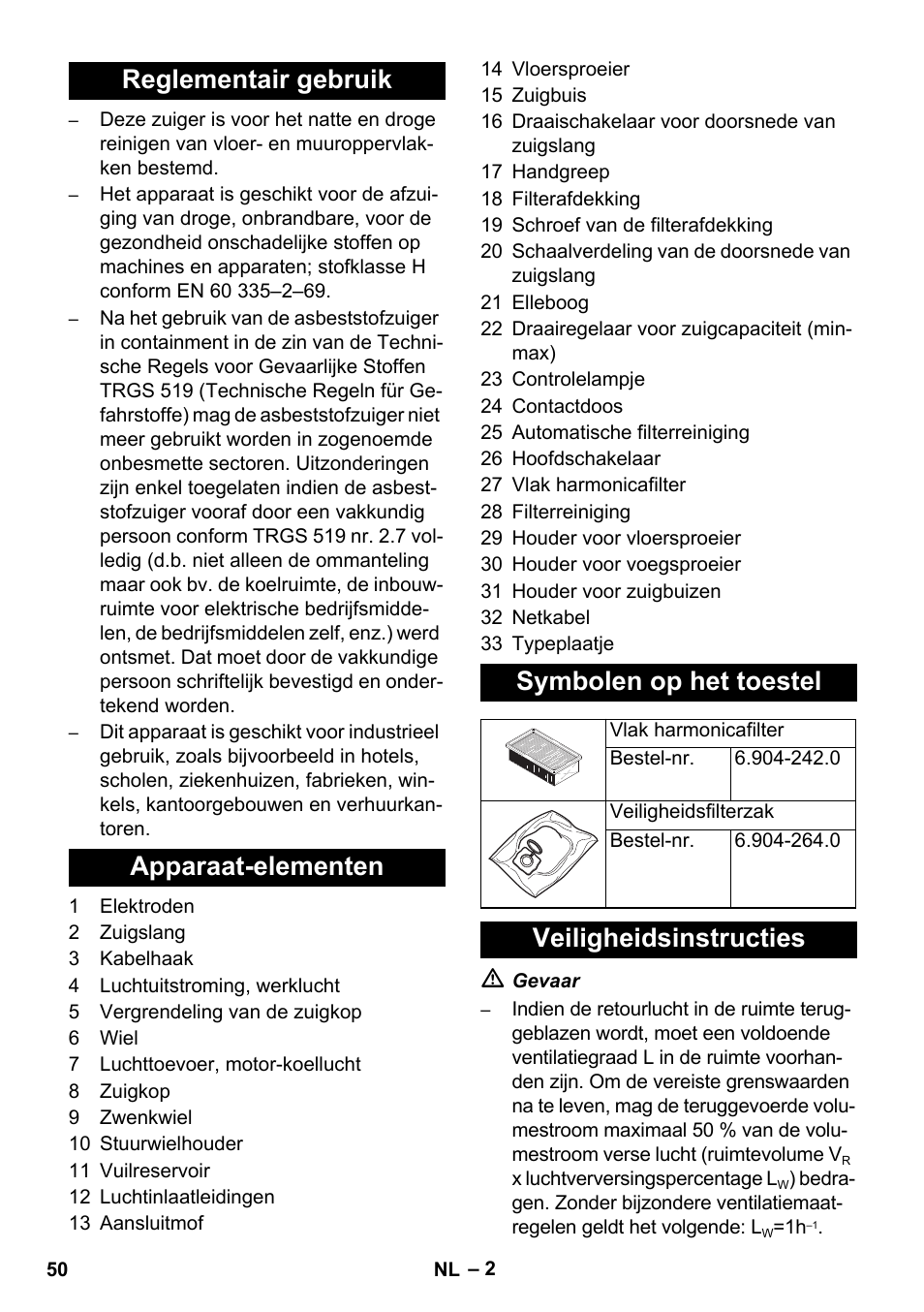 Veiligheidsinstructies | Karcher NT 45-1 Tact Te H User Manual | Page 50 / 292