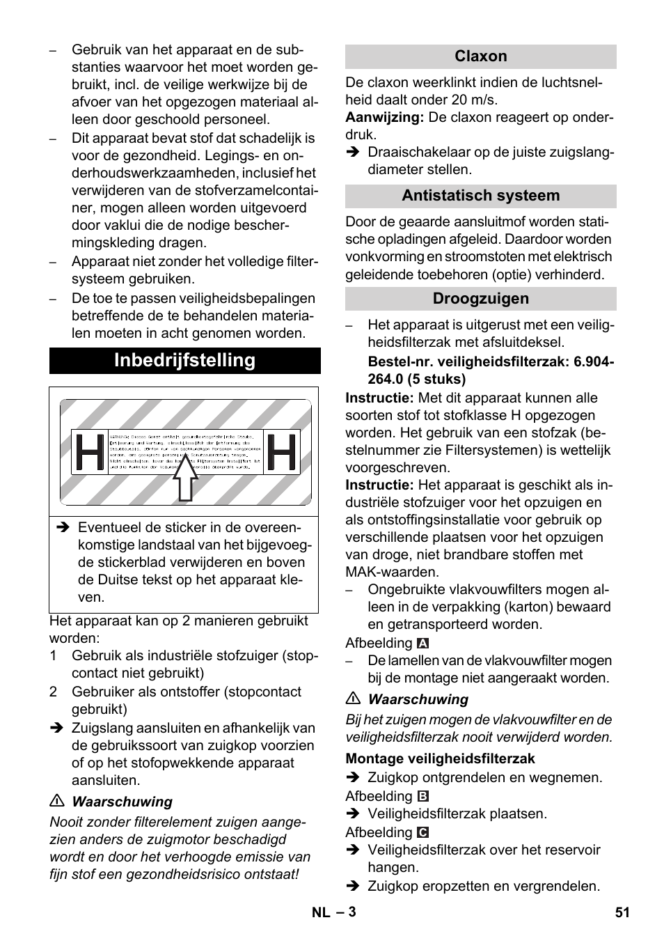 Inbedrijfstelling | Karcher NT 45-1 Tact Te H User Manual | Page 51 / 292