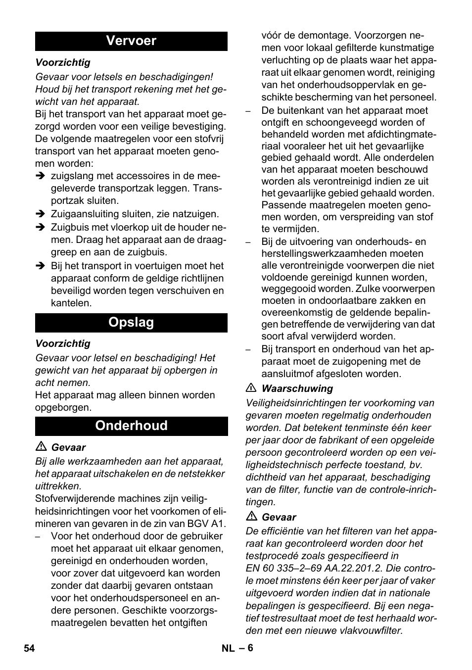 Vervoer opslag onderhoud | Karcher NT 45-1 Tact Te H User Manual | Page 54 / 292