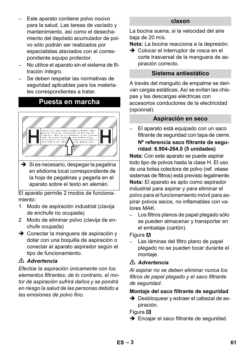 Puesta en marcha | Karcher NT 45-1 Tact Te H User Manual | Page 61 / 292