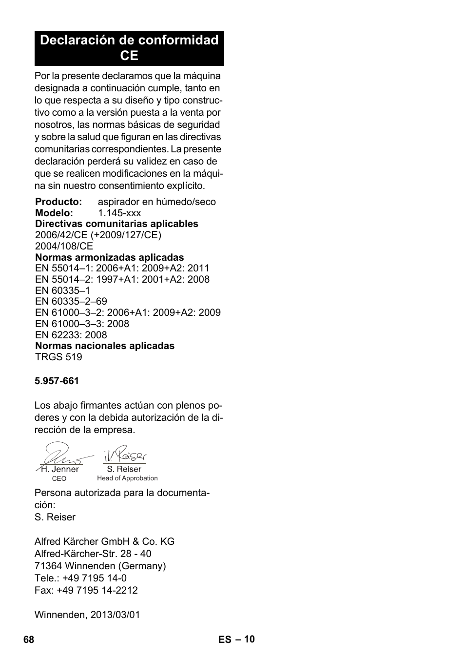 Declaración de conformidad ce | Karcher NT 45-1 Tact Te H User Manual | Page 68 / 292