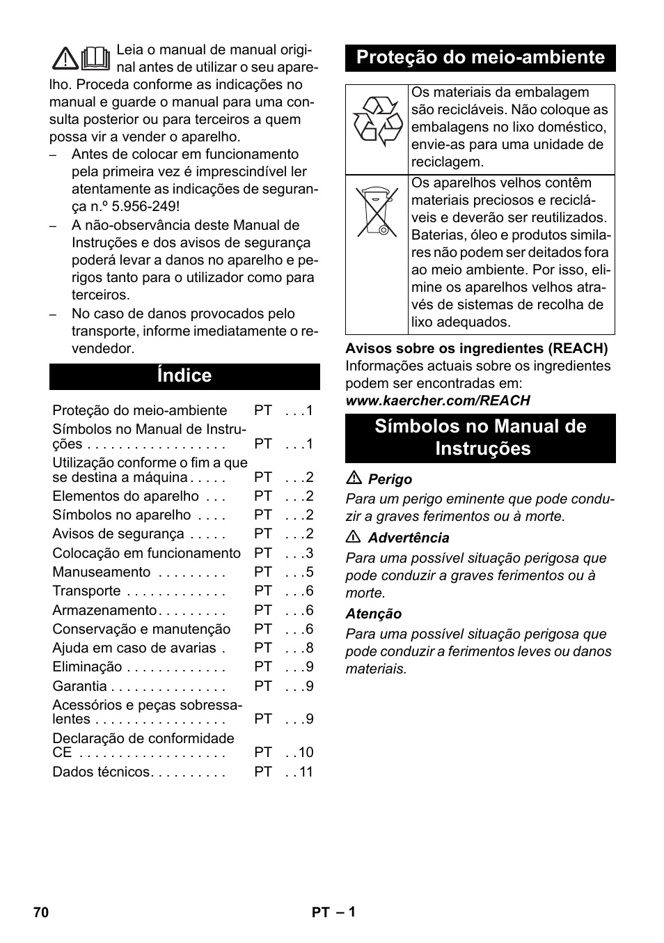 Português, Índice, Proteção do meio-ambiente | Símbolos no manual de instruções | Karcher NT 45-1 Tact Te H User Manual | Page 70 / 292