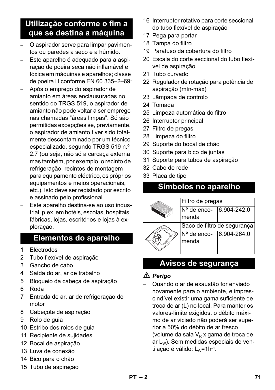 Avisos de segurança | Karcher NT 45-1 Tact Te H User Manual | Page 71 / 292