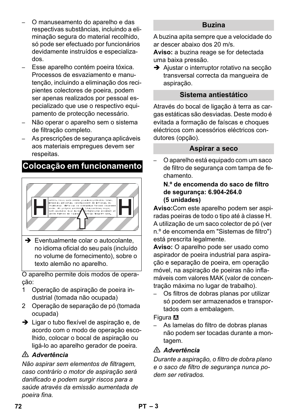 Colocação em funcionamento | Karcher NT 45-1 Tact Te H User Manual | Page 72 / 292