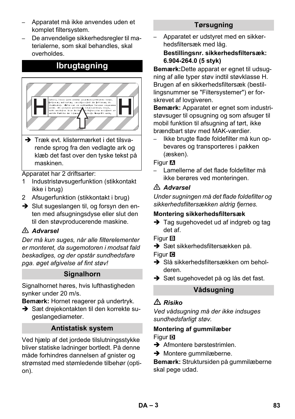 Ibrugtagning | Karcher NT 45-1 Tact Te H User Manual | Page 83 / 292