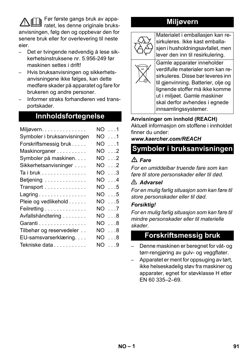 Norsk, Innholdsfortegnelse, Miljøvern | Symboler i bruksanvisningen forskriftsmessig bruk | Karcher NT 45-1 Tact Te H User Manual | Page 91 / 292