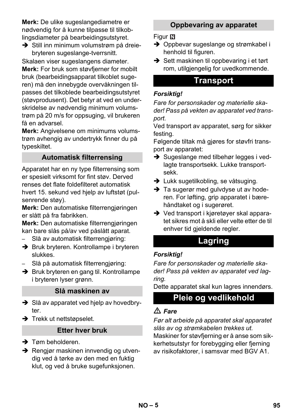 Transport lagring pleie og vedlikehold | Karcher NT 45-1 Tact Te H User Manual | Page 95 / 292