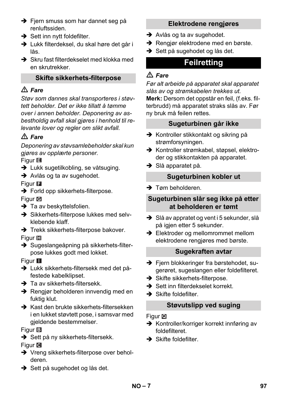 Feilretting | Karcher NT 45-1 Tact Te H User Manual | Page 97 / 292