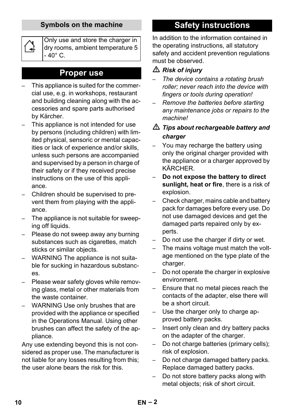 Symbols on the machine, Proper use, Safety instructions | Proper use safety instructions | Karcher KM 35-5 C User Manual | Page 10 / 172