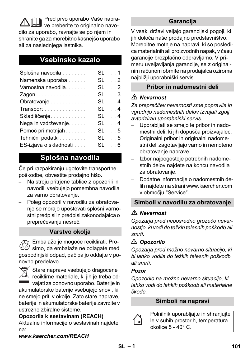 Slovenščina, Vsebinsko kazalo, Splošna navodila | Varstvo okolja, Garancija, Pribor in nadomestni deli, Simboli v navodilu za obratovanje, Simboli na napravi | Karcher KM 35-5 C User Manual | Page 101 / 172