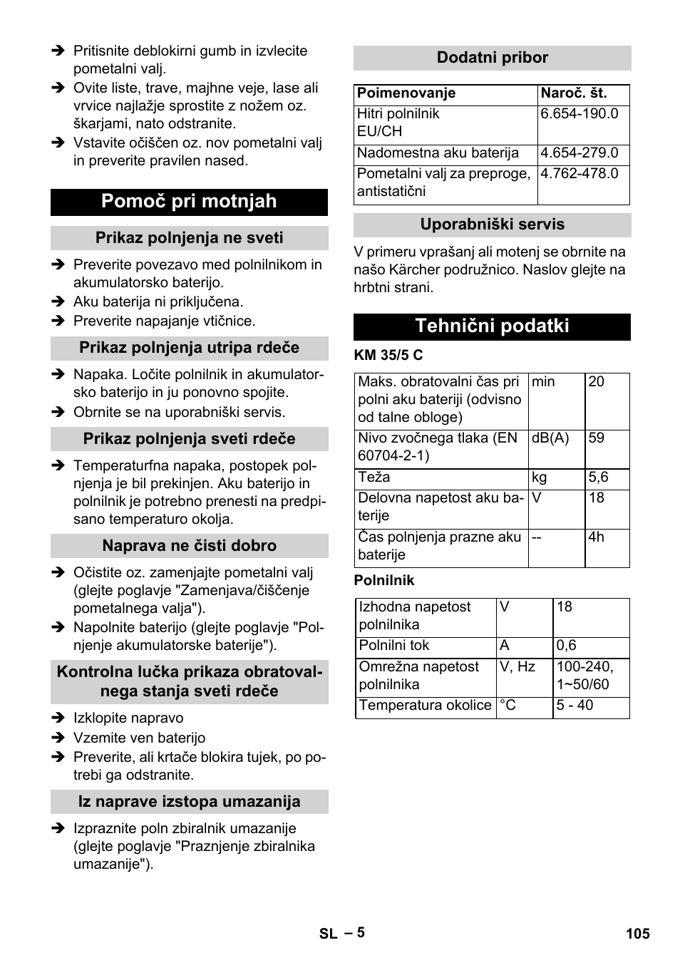 Pomoč pri motnjah, Prikaz polnjenja ne sveti, Prikaz polnjenja utripa rdeče | Prikaz polnjenja sveti rdeče, Naprava ne čisti dobro, Iz naprave izstopa umazanija, Dodatni pribor, Uporabniški servis, Tehnični podatki | Karcher KM 35-5 C User Manual | Page 105 / 172