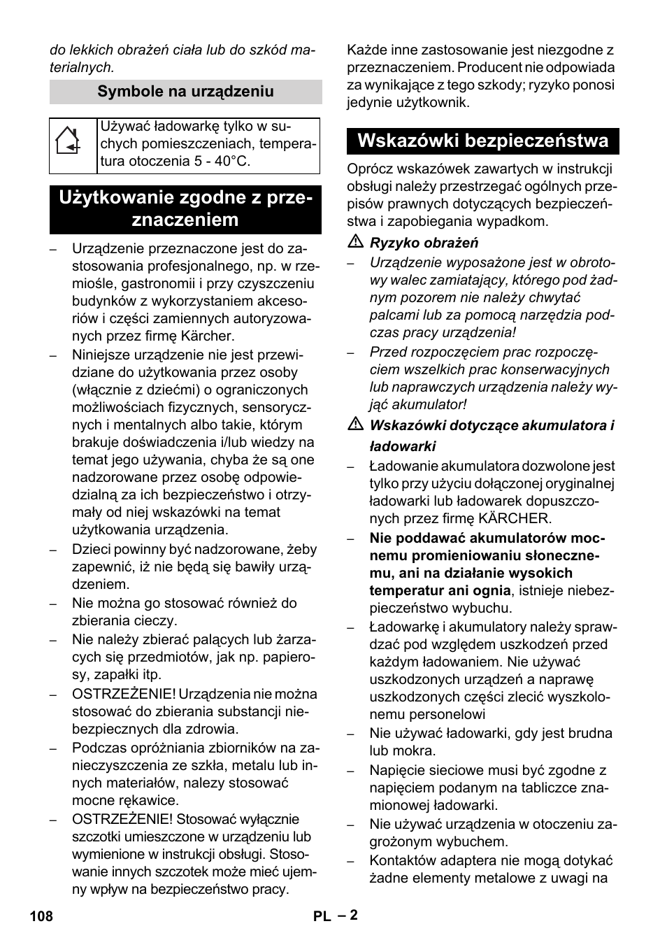 Symbole na urządzeniu, Użytkowanie zgodne z przeznaczeniem, Wskazówki bezpieczeństwa | Karcher KM 35-5 C User Manual | Page 108 / 172