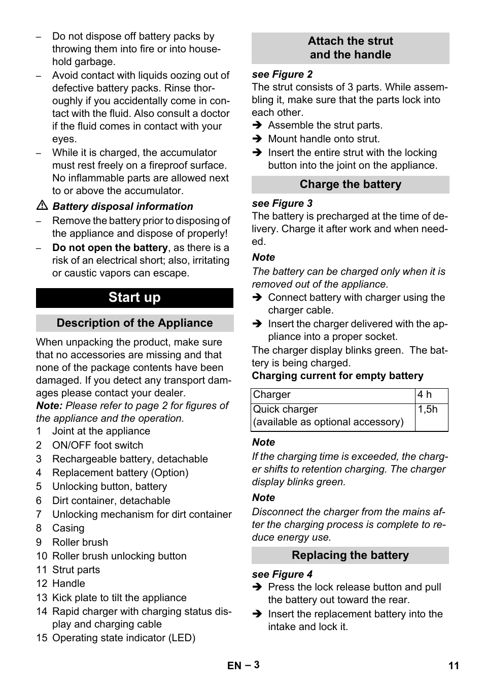 Start up, Description of the appliance, Attach the strut and the handle | Charge the battery, Replacing the battery | Karcher KM 35-5 C User Manual | Page 11 / 172