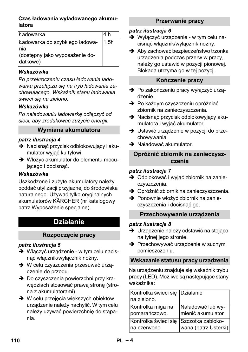 Wymiana akumulatora, Działanie, Rozpoczęcie pracy | Przerwanie pracy, Kończenie pracy, Opróżnić zbiornik na zanieczyszczenia, Przechowywanie urządzenia, Wskazanie statusu pracy urządzenia | Karcher KM 35-5 C User Manual | Page 110 / 172