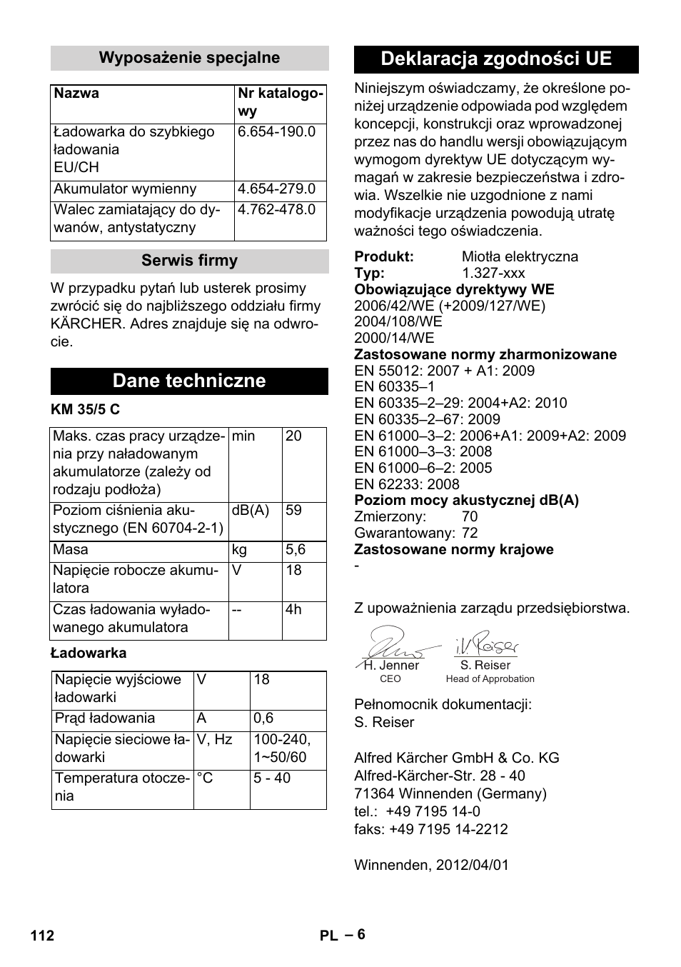Wyposażenie specjalne, Serwis firmy, Dane techniczne | Deklaracja zgodności ue | Karcher KM 35-5 C User Manual | Page 112 / 172